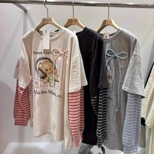 奥特莱斯~专柜特价韩国东大门春2025新款小熊条纹袖子假两件T恤女