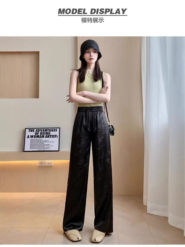 新しい中国風のドレープサテンジャカードカジュアルパンツ女性のための春と夏のクールなアイスシルクワイドレッグパンツトレンディなフロアレングスパンツ|undefined