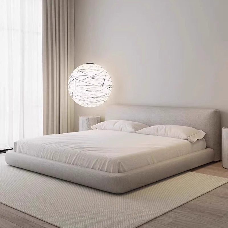Cream-Colored Fabric Bed, Master Bedroom Soft-Upholstered Double Bed, Light Luxury Bed for Young Girls, Small Apartment French-Style Floor Bed, Tech Fabric Bed