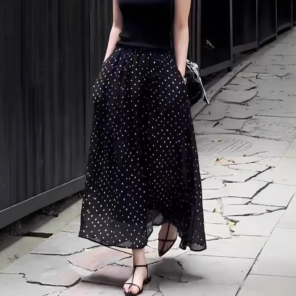 Women's Lined Polo Dot Skirt 2025 Summer New French Style High-end Simple Light Luxury Fashionable Loose Large Swing Skirt