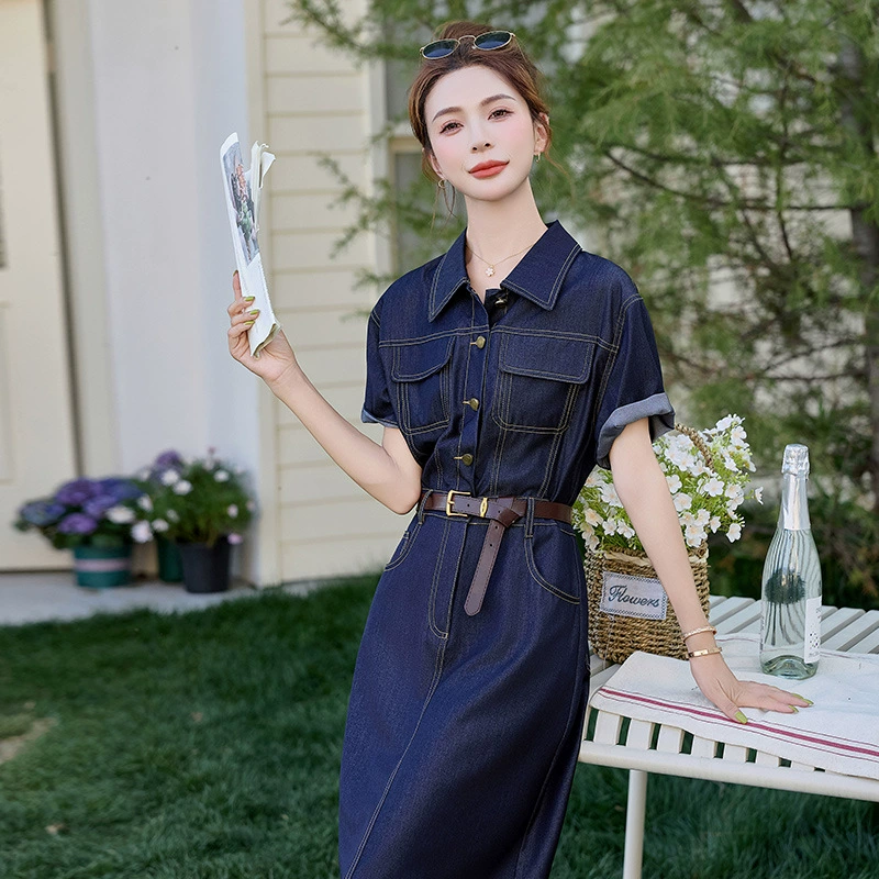 Джинсовое платье в стиле ретро с короткими рукавами в гонконгском стиле, новинка лета 2025 года, женская элегантная тонкая длинная юбка, уменьшающая талию, уменьшающая возраст