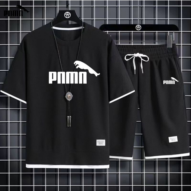 New Waffle-Style Summer Men's Casual Sports Suit, Loose and Stylish Men's Short-Sleeve T-Shirt and Shorts Set