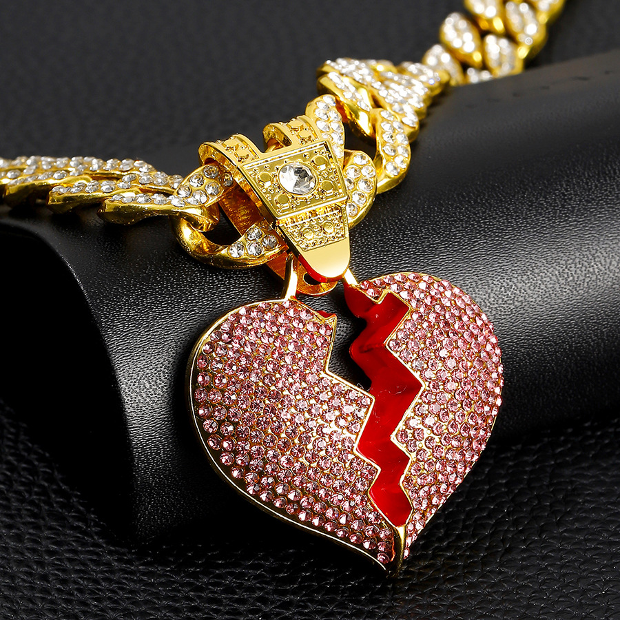 Diamond Broken Heart Necklace With Pink Crystals For Unisex_voghion.com