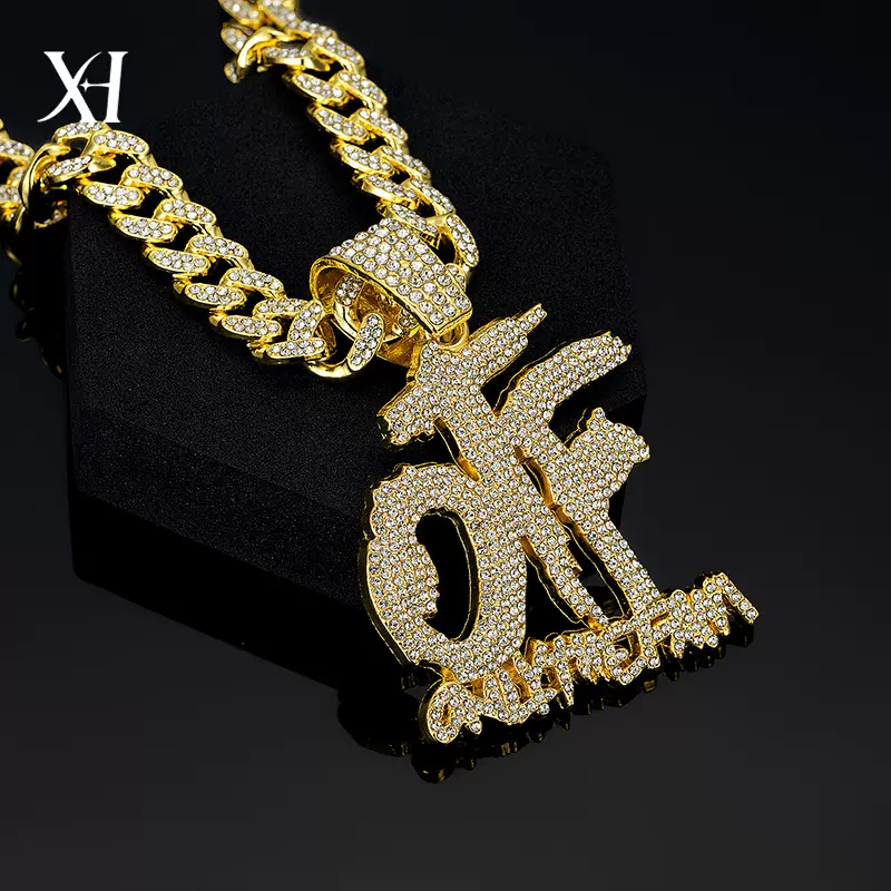 欧美跨境新款OTF字母吊坠合金满钻古巴项链嘻哈风个性饰品工厂