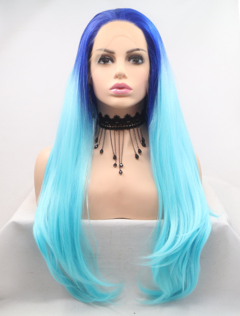 Navidad pelo largo europeo y americano peluca degradada azul encaje frontal manga de pelo de fibra química LW0327