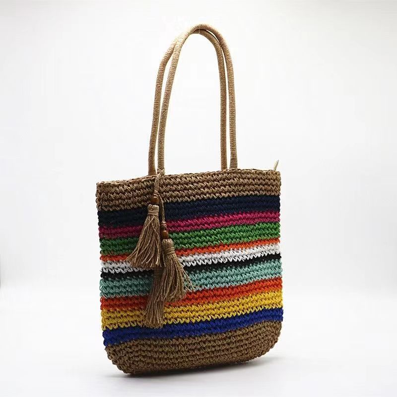 Borsa da donna in paglia primaverile ed estiva per celebrità di Internet, stile stesso, borsa a righe arcobaleno, semplice borsa da spiaggia per donna_voghion.com