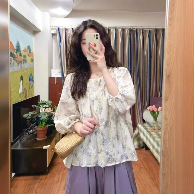 Floral Bubble Sleeve Chiffon Lace Doll Shirt Top Women's Summer Thin Sunscreen Design Sense Niche Crewneck Shirt Floral Bubble Sleeve Chiffon Lace Doll Shirt Top Women's Summer Thin Sunscreen Design Sense Niche Crewneck Shirt