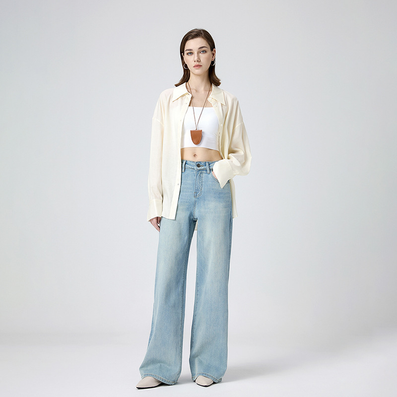 Ji also loose wide leg pants women's 2025 spring new micro elastic high waist slim wide straight tube floor jeans light blue