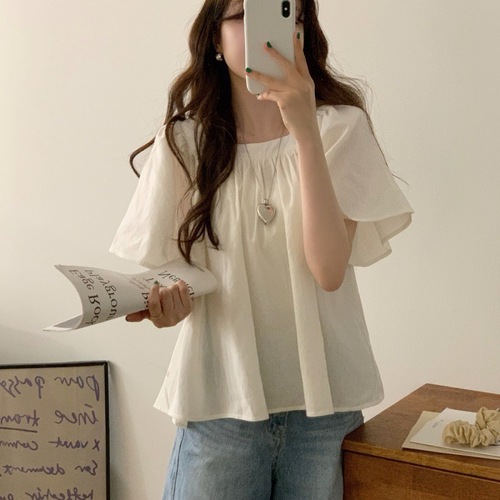 South Korean chic style niche pleated square neck short sleeve loose large bell sleeve short shirt top
