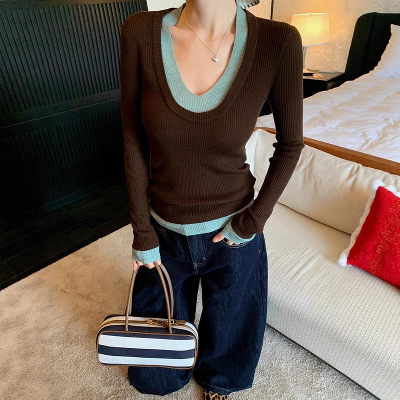 Zhang Beibei Ibell Sheep Wool Color-Blocked Faux Two-Piece Ribbed Shirt Vintage Style V-Neck Slim-Fit Long-Sleeve Top