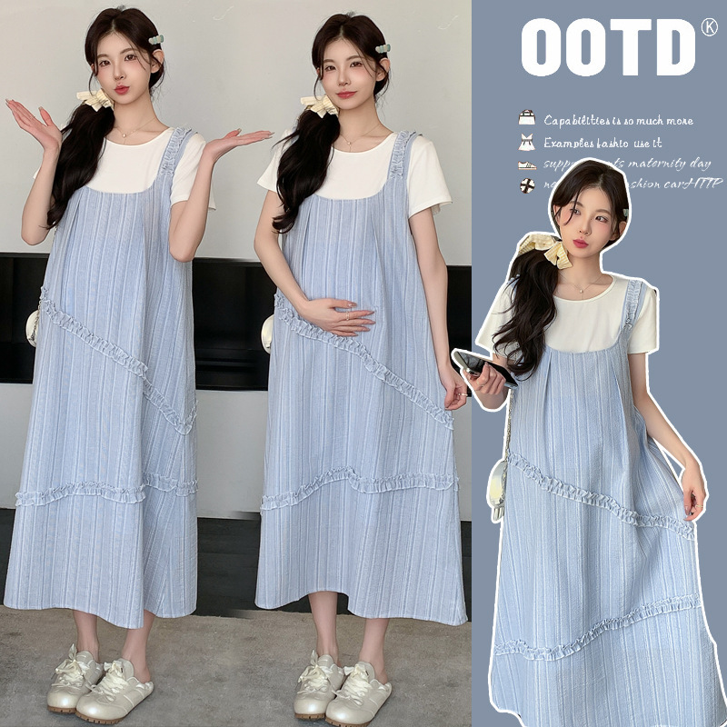 Maternity Summer Dress Trendy Mom New Fashion Plus Size Loose Belly-Covering Suspender Skirt Suit Summer Two-Piece Set