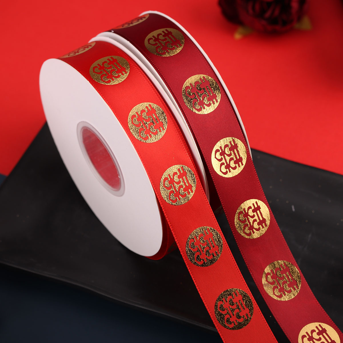 2.5 Wedding Celebration Bouquet Bridal Gold Polyester Ribbon New Year Red Double Happiness Character Gift Box Packaging Fortune Character Ribbon
