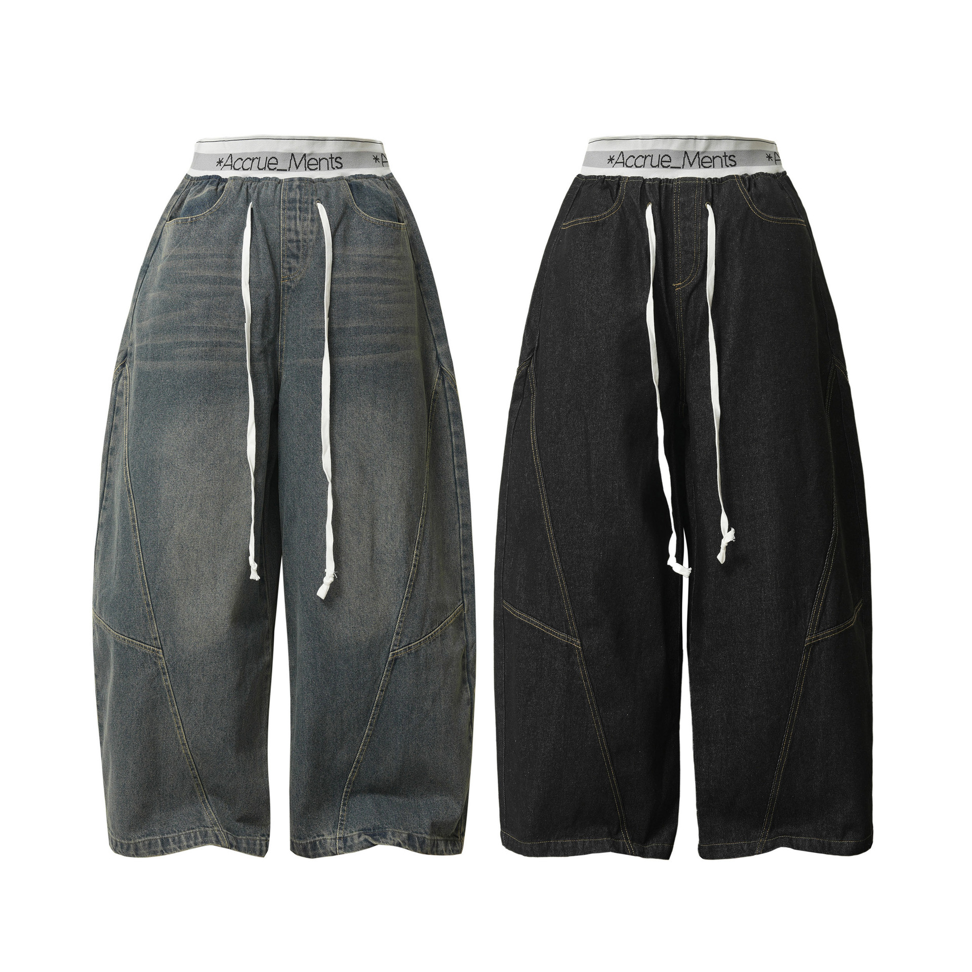 {American Retro} Elastic Waistband, Fake Two-Piece Denim Fabric, Scimitar Wide-Leg Pants