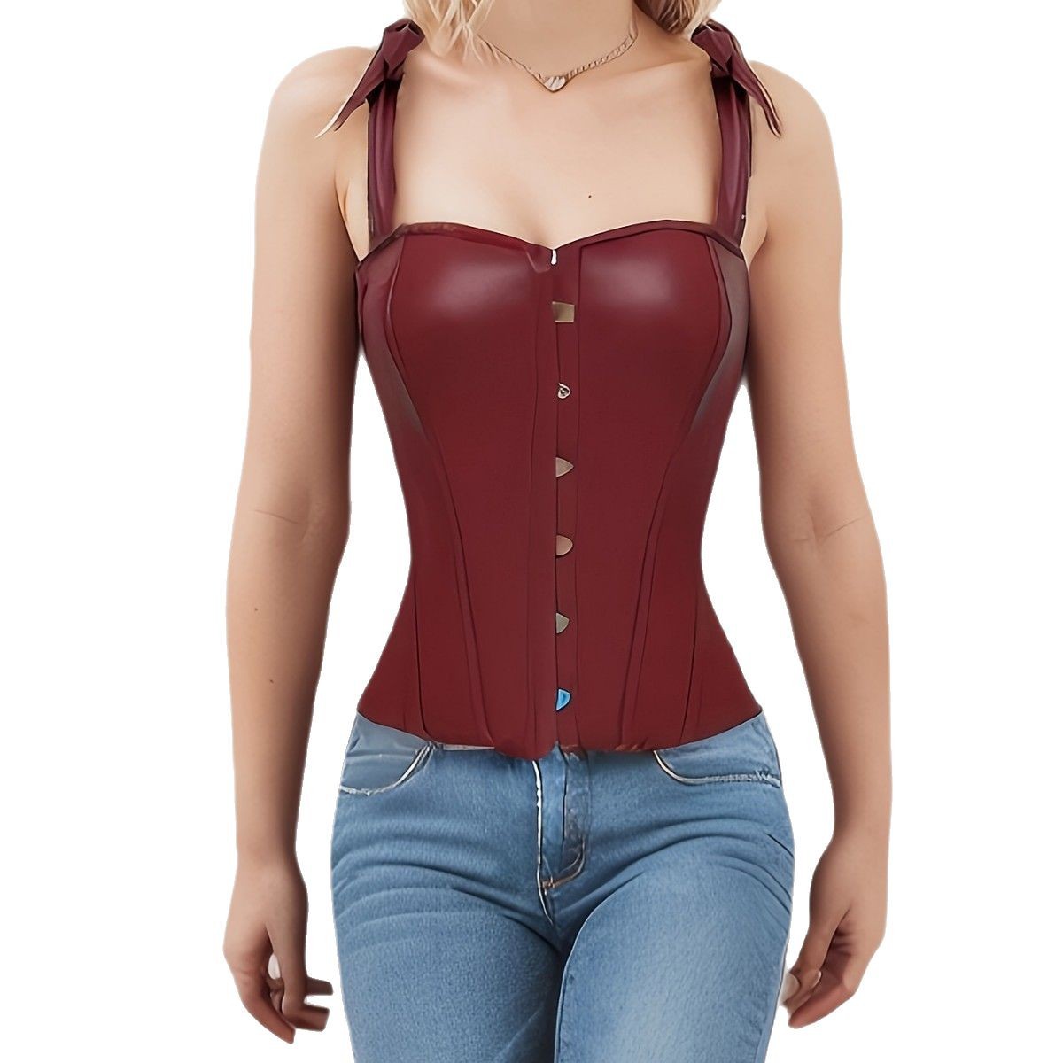Europa y América vintage correa de hombro de cuero rojo arco para dama de boobs de boobs sexy top ajustado