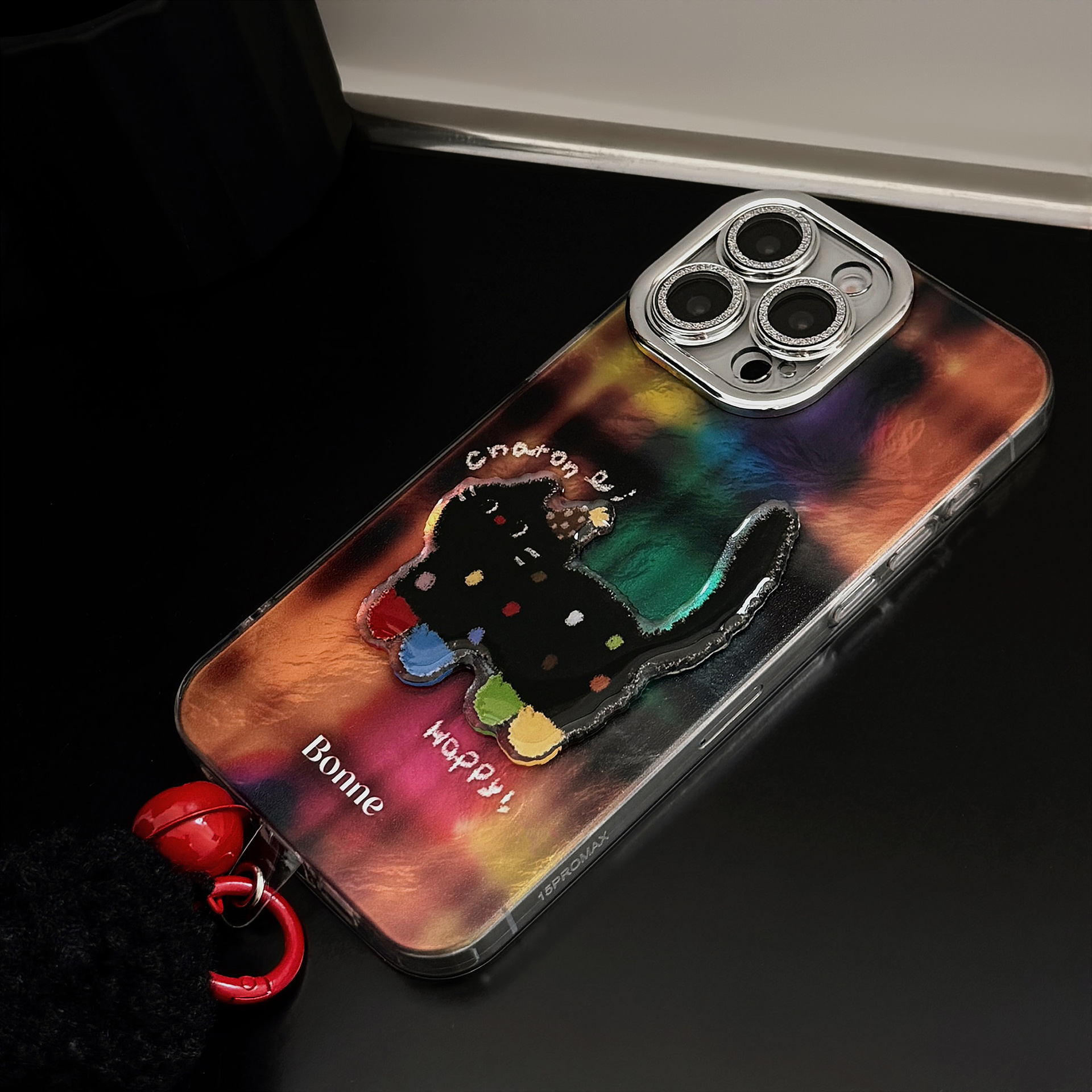 Funda 3D con diseño de gato negro con lunares, adecuada para iPhone 17 Pro Max, funda para teléfono Apple iPhone 16, estilo caricaturesco, con colgante 13, rígida 14 image 2
