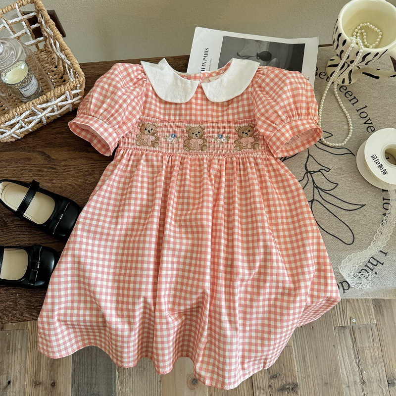 Xianning siete ropa para niños 25 nuevos vestidos para niñas Xia Yang Qi niña versión coreana del bordado a cuadros para niños mangas abullonadas