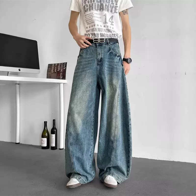 牛仔裤男款夏季美式复古水洗做旧弯刀设计牛仔裤