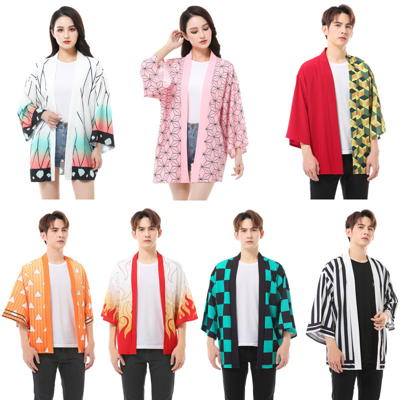 Spot Anime Demon Slayer Cos Peripheral Clothing Short-Sleeved Printed Cardigan Cloak Adult Kidsren's Clothing Kimono Outer