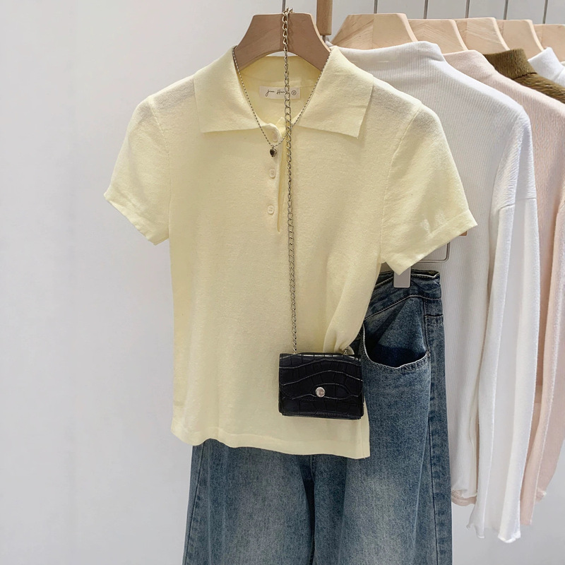 American-Style Polo Collar Slim-Fit Short-Sleeve T-Shirt for Women, Summer 2026 New Model, Beautiful and Slimming Short Knit Top