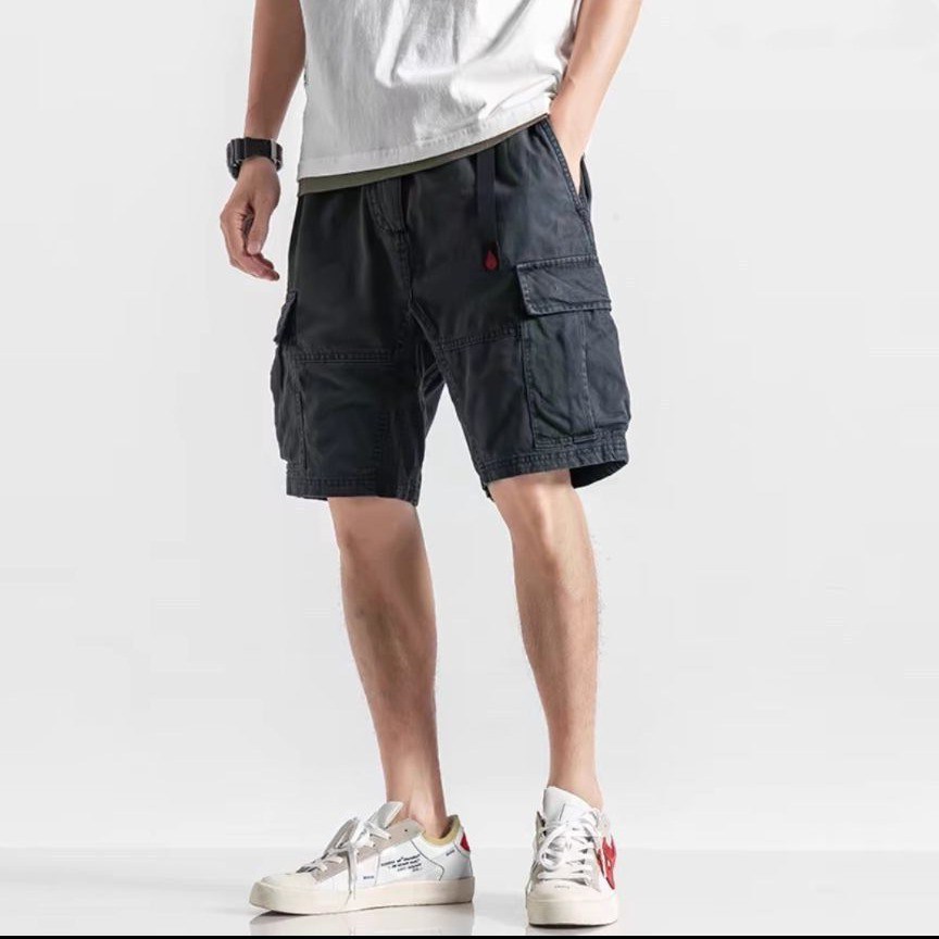 Men's American-Style Summer New Casual Cargo Shorts Loose Trendy Solid Color Straight Five-Point Multi-Pocket Mid-Length Shorts