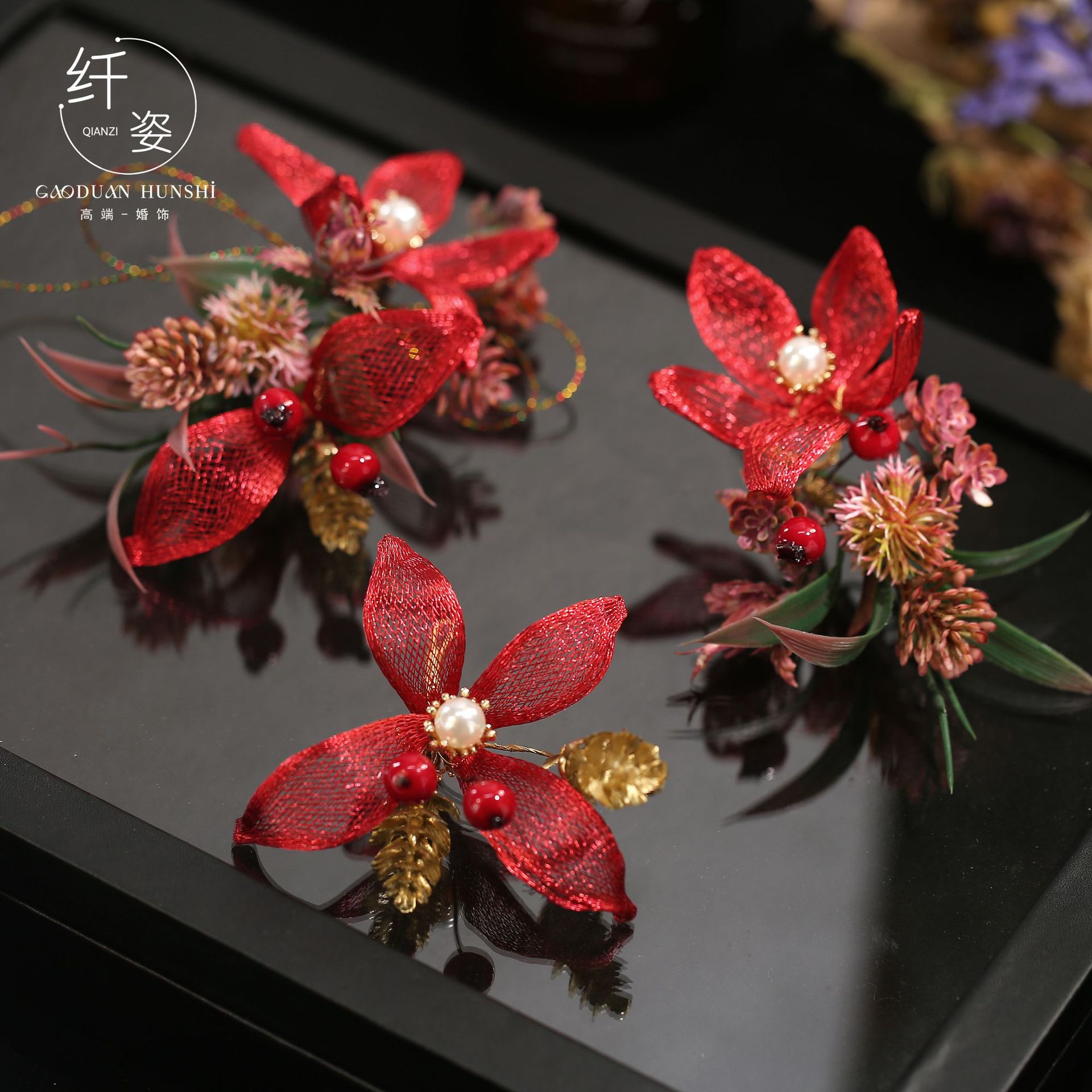 New Chinese-style red handmade exquisite mesh flower hair accessory, bridal headpiece, wedding dress, morning robe styling accessory