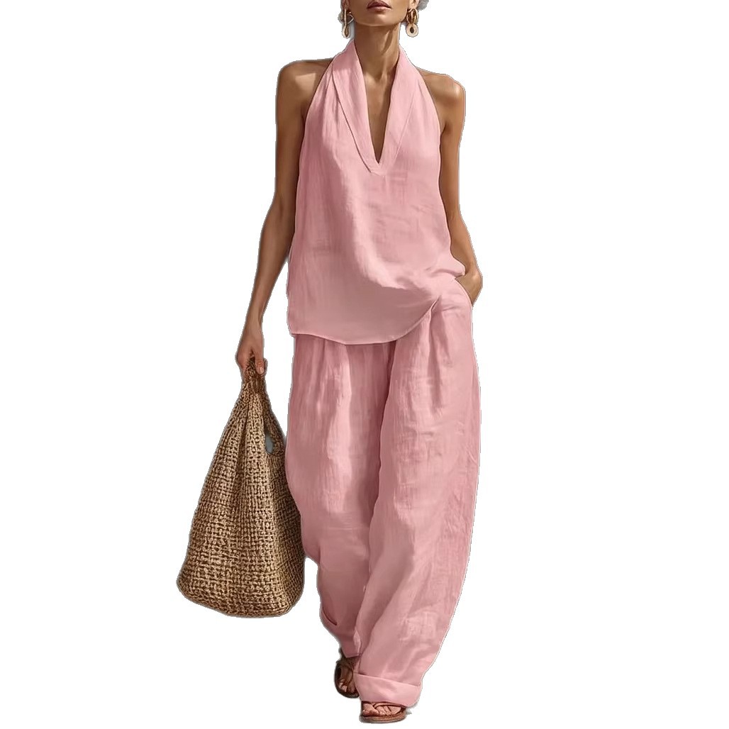 Women's Linen Two-Piece Set Vest And Camisole Office Casual Summer Outfit Breathable Comfort_ecoleips.com