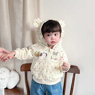 Children's hooded sweater spring and autumn new female baby Korean wave dot cardigan 5010 western style children's western style coat
