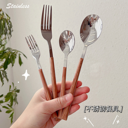 Portable Flat Head Stainless Steel Tableware Creative Student Wooden Handle Household Stainless Steel Spoons Forks Western Steak Knife