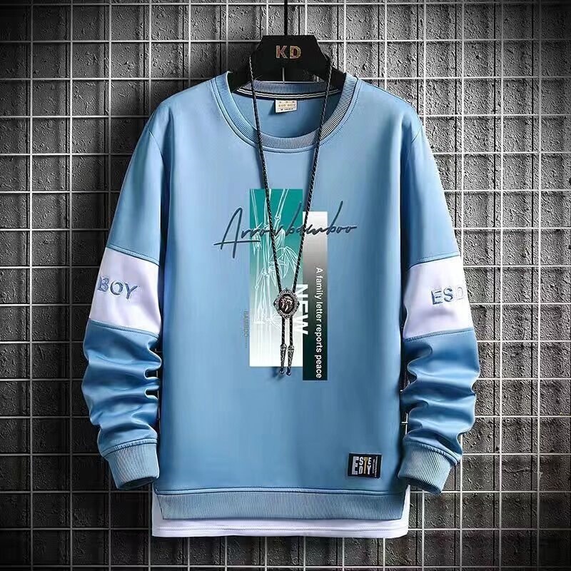 Long-sleeved T-shirt Men's Autumn New Loose Sweater Landscape Bamboo Fake Two-piece Fashionable Trendy Teenager Base Shirt