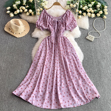 外贸法式复古优雅一字肩泡泡袖洋装女新款松紧收腰显瘦碎花大摆长