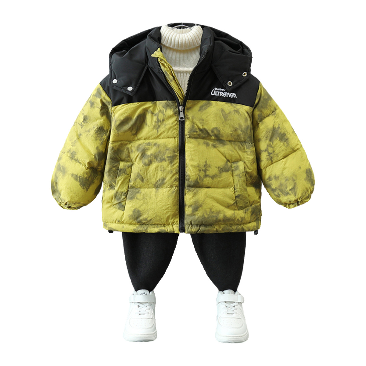6613 Ultraman chaqueta de plumón para niños invierno 2025 nuevo estilo bebé guapos ropa de invierno cálido para niños marea de plumón de pato blanco