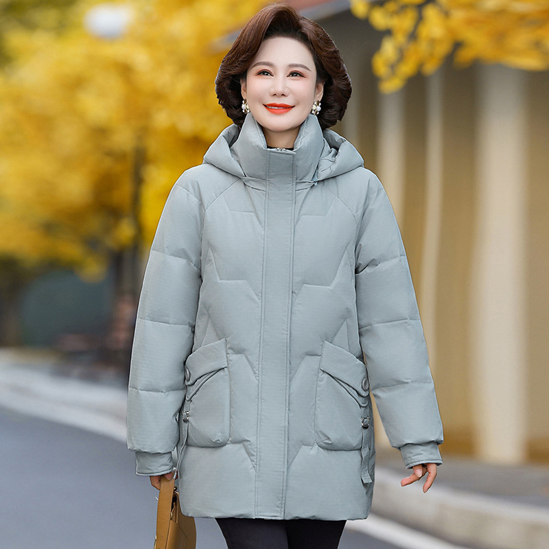 High-End Boutique down Jacket for Middle-Aged Women, Mid-Length, Stylish, Thickened, Warm, with Detachable Hood, White Duck down Coat High-End Boutique down Jacket for Middle-Aged Women, Mid-Length, Stylish, Thickened, Warm, with Detachable Hood, White Duck down Coat