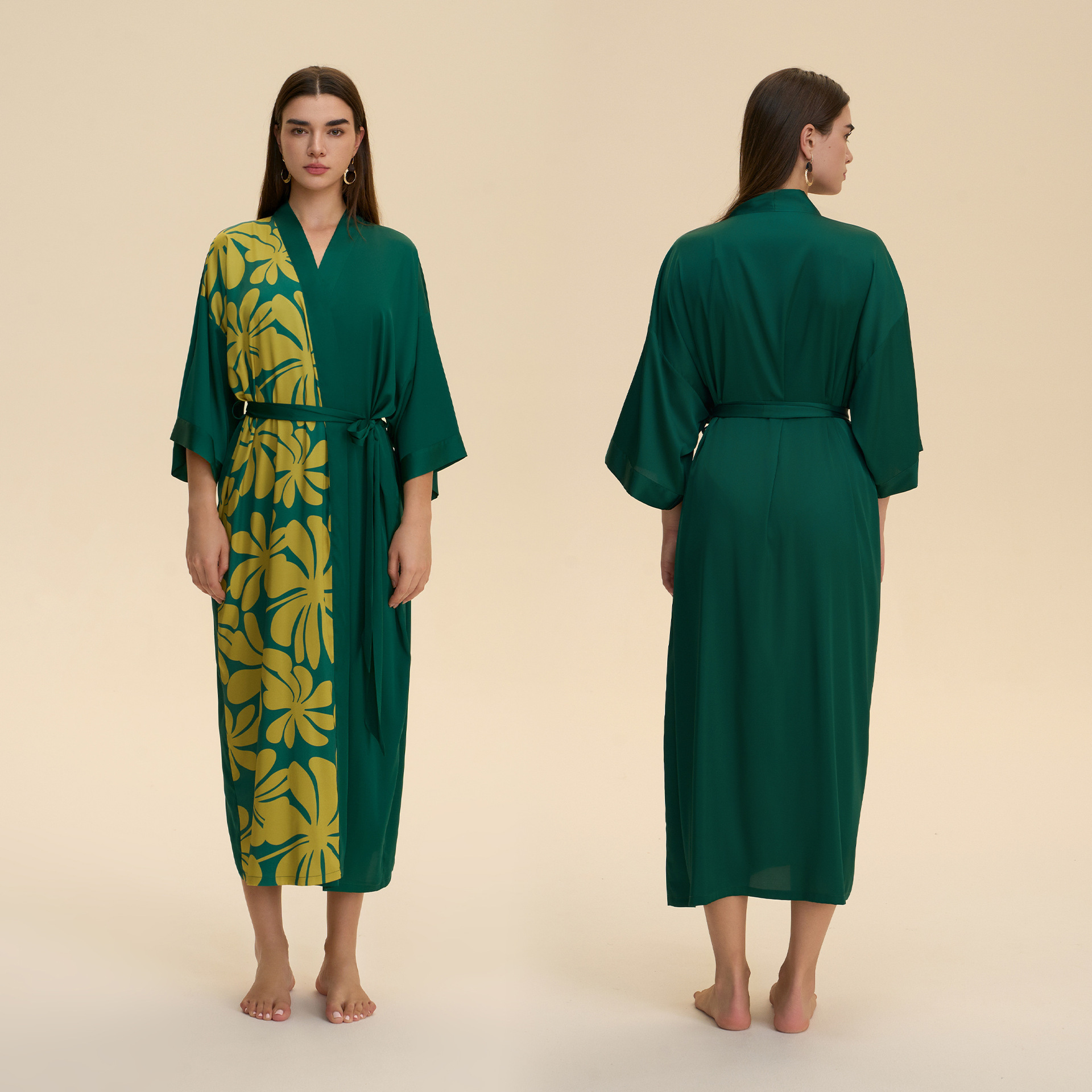 Nuevo pijama de tamaño grande transfronterizo mujer satén suave chiffon kimono cuello bata larga ropa de casa WP3975