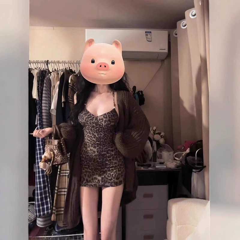 Леопардовое платье с шеей подтяжка женская летняя сладкая пряная девушка облегает короткую юбку