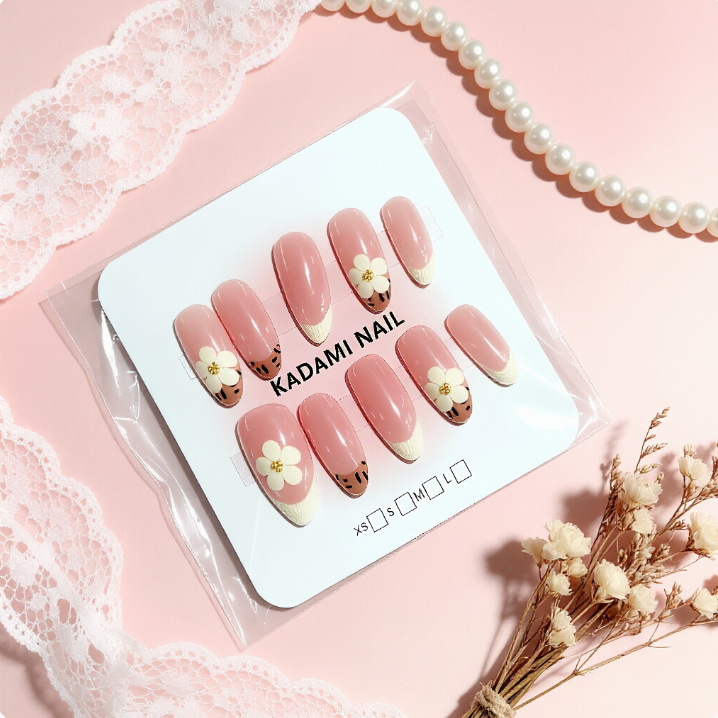 Cross-Border Popular Cream Yellow Floral Leopard Print French Style Press-On Nails, Instagram-Style Foreign Trade Nail Stickers, Removable Nail Patches