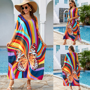 2023 new European and American rayon printed holiday loose large size dress Beach coat head bikini blouse