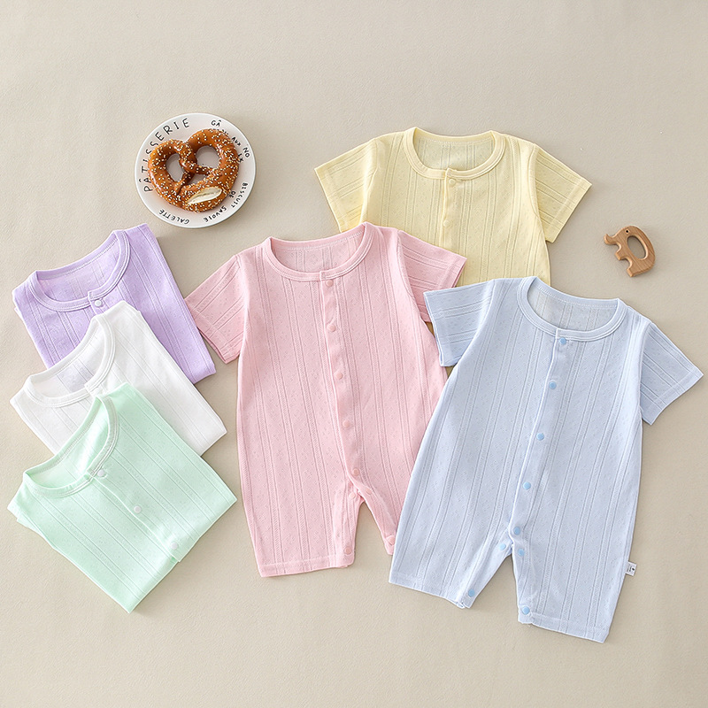 Summer Baby Short-Sleeved Jumpsuit Newborn Pure Color Mesh Air-Conditioned Clothing for Male and Female Babies Lightweight Pajamas and Crawling Clothing