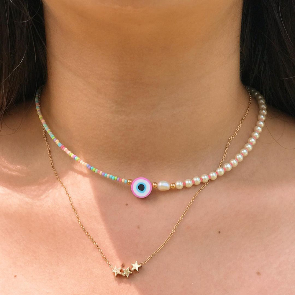 Fashion Retro Bohemian Style White Imitation Pearl Color Glass Beaded Necklace