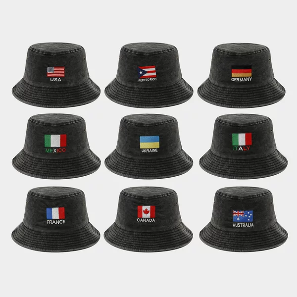 Cross-Border Amazon New Product: Washed and Distressed Foldable Bucket Hat for Men and Women, Trendy with World Flags Embroidered, Fisherman's Hat