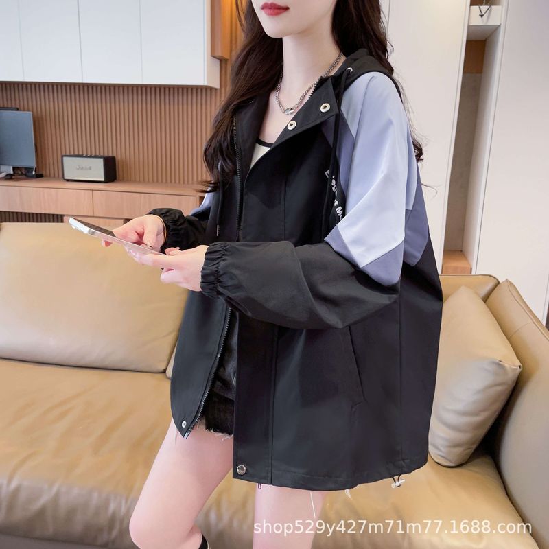 休闲百搭连帽风衣女慵懒风宽松2025新款拼色设计上衣春秋双层外套|undefined