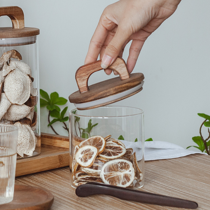 Tanque de almacenamiento de vidrio portátil de madera sólida, tanque de almacenamiento de muestras secundarias, cubierta de bambú transparente y visible, tanque de sellado de granos de cocina