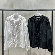 现货2024秋季新款韩国东大门h*elder荷叶边镂空蕾丝重工棉衬衫