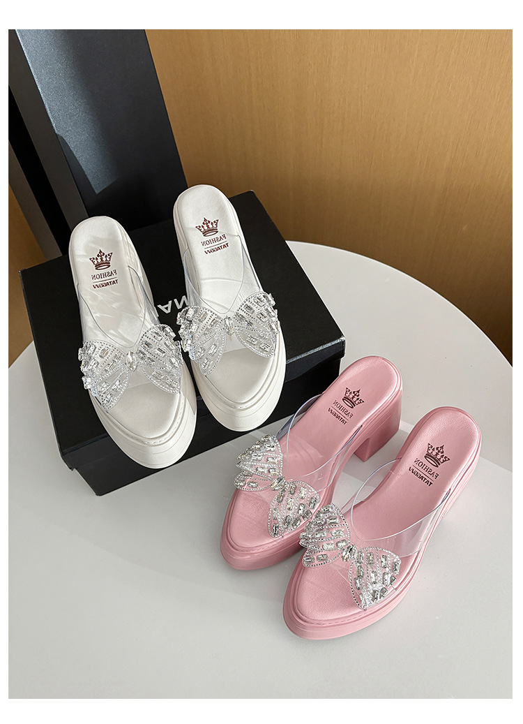 Dép sandal cao gót nữ quai ngang gót thô 10cm đính nơ đá lấp lánh — Màu hồng, Màu trắng be chi tiết 21