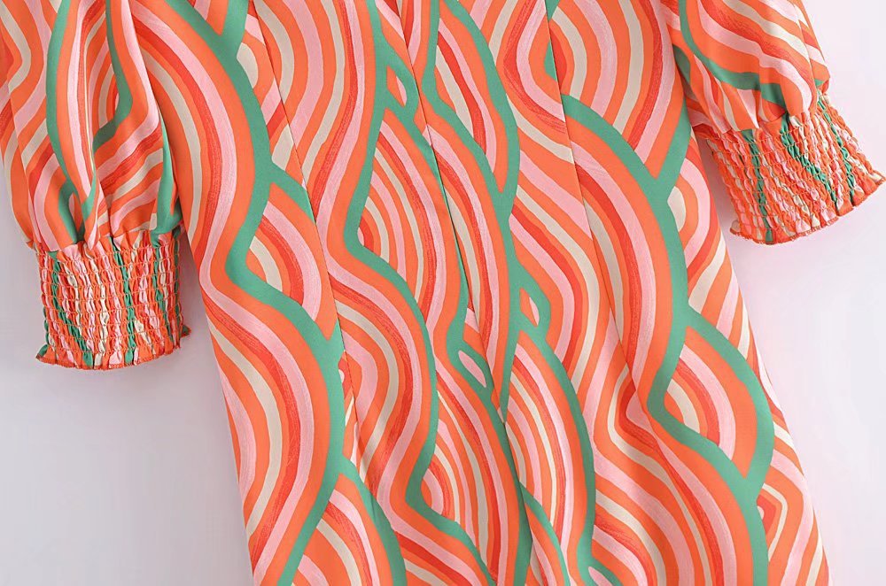 Rainbow Wave Print V-Neck Short-Sleeved Dress NSBRF101610