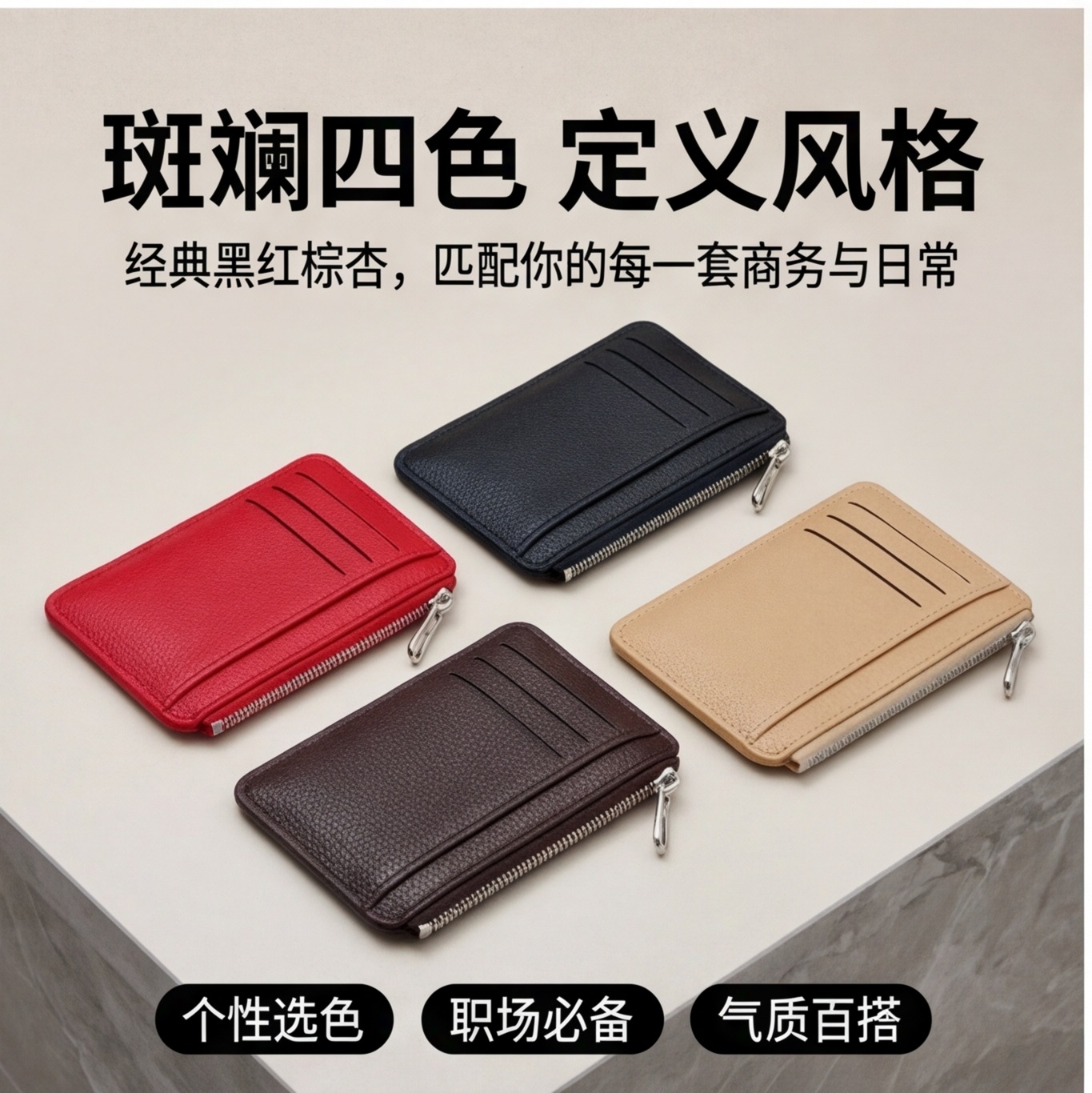 Cross-Border New Style Card Holder with Lychee Pattern Pu, Multifunctional Card Case, Document Holder, Amazon Hot-Selling Card Holder, Zipper Coin Purse