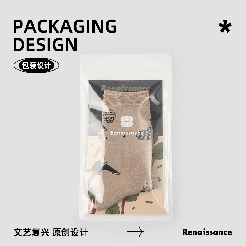 Renaissance袜子女小众设计秋冬新款纯色精梳棉卡通猫咪中筒女袜|undefined