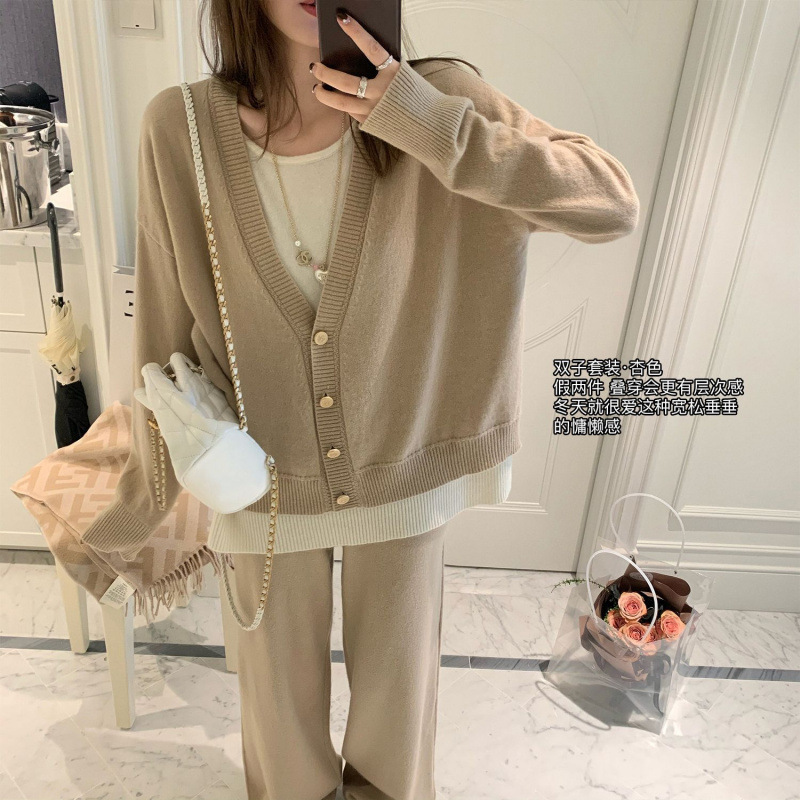 秋季穿搭一整套女宽松慵懒风减龄假两件上衣针织套装阔腿裤两件套