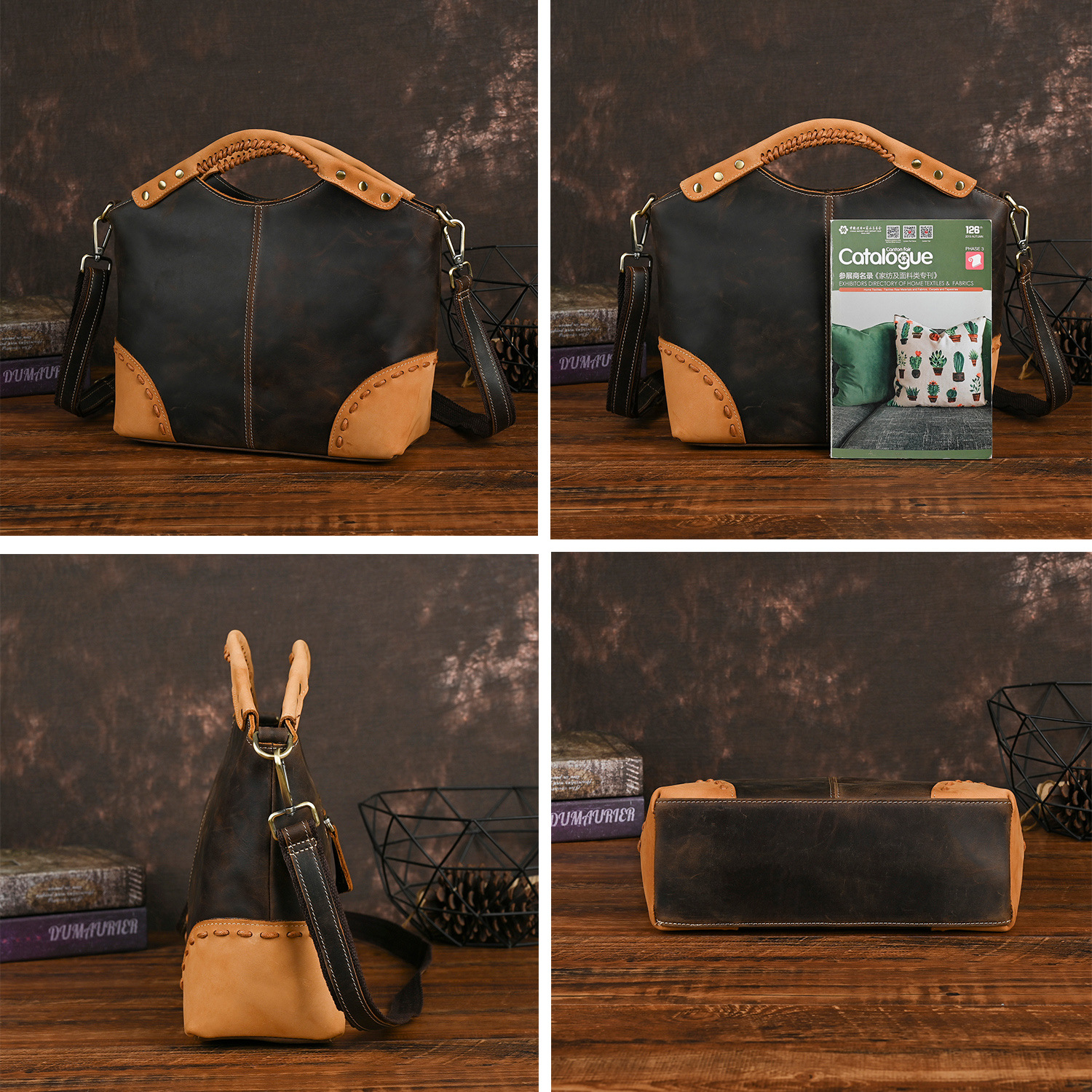 Bolso de mujer de piel de vaca de primera capa de cuero genuino retro transfronterizo color de contraste de moda bolso de mano de gran capacidad crossbody bolso de mujer portátil 6640