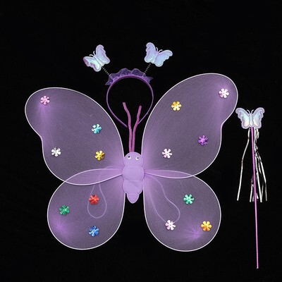 光る蝶の翼の小さい女の子は子供の閃光のおもちゃの奇妙な仙子の魔法の棒の花の仙子の3つのセットを飾ります。|undefined