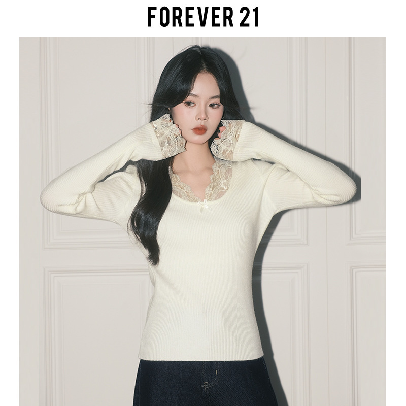 Forever21纯欲杏色蕾丝拼接V领上衣女秋冬法式打底长袖修身针织衫|undefined